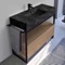 Modern Powder Room Console Vanity with Natural Brown Oak Cabinet, Black Marble Style Sink, 43 Inch, Free Standing